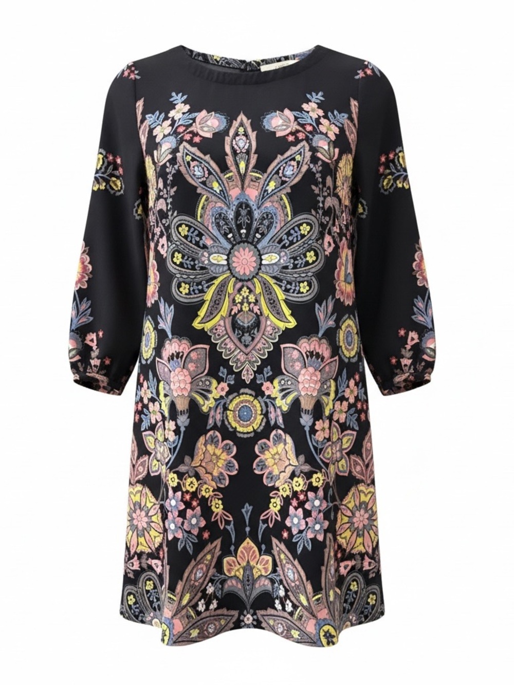 LOFT Black Shift Dress with Pastel Floral Paisley Print